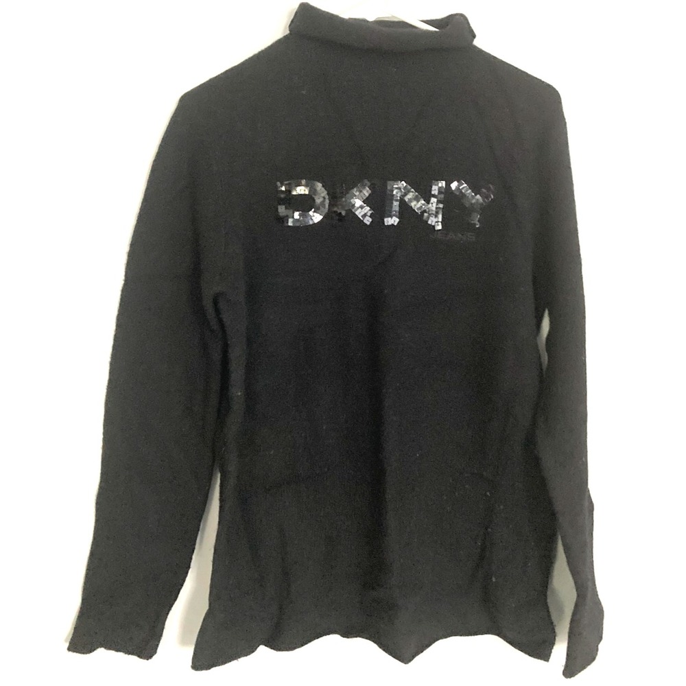 Vintage DKNY Jeans Sweater Women L Black Wool Turtleneck Sequin Pullover 90s
